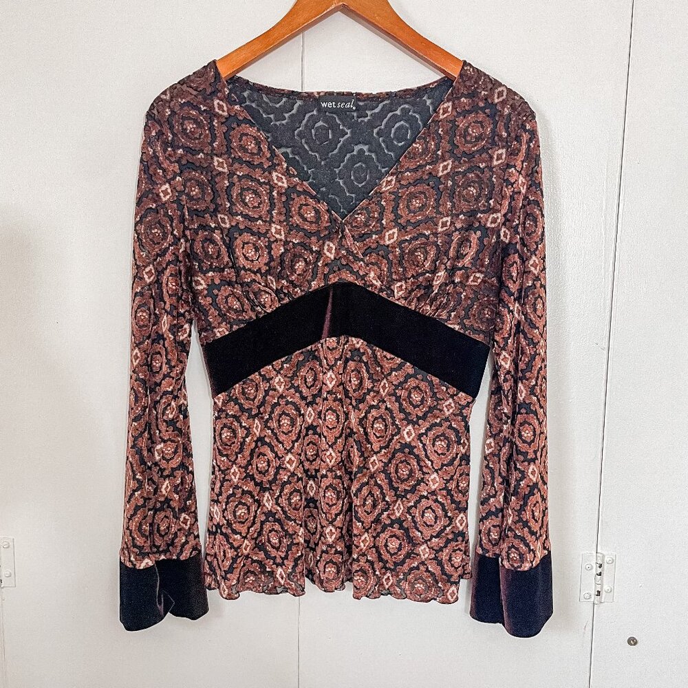 Wet Seal Y2K Brown Whimsigoth Burnout Velvet Bell Sleeves Babydoll, Sz Small